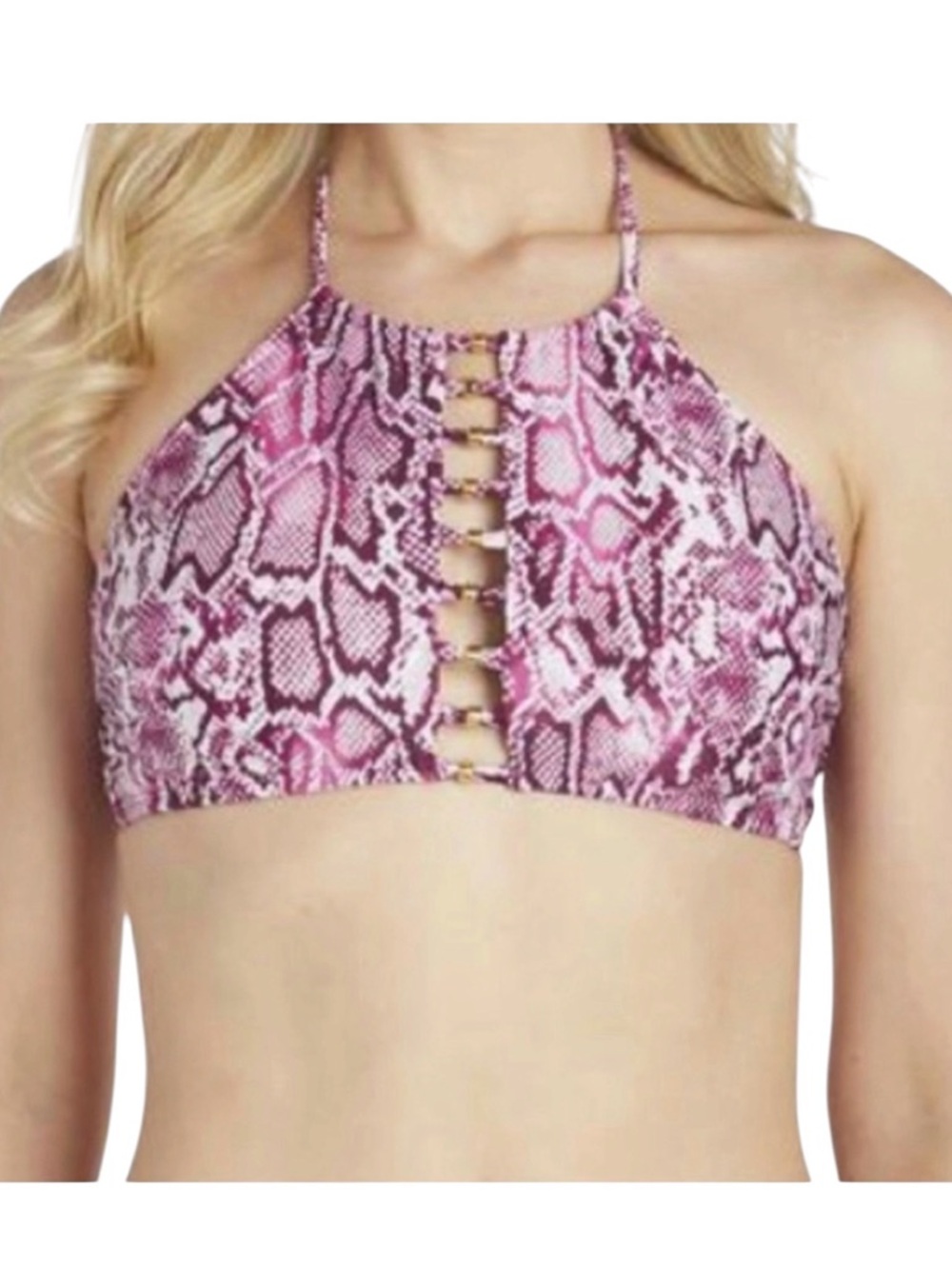 bebe Pink & White Snakeskin Python Cage Front Gold Beaded Bikini Top S